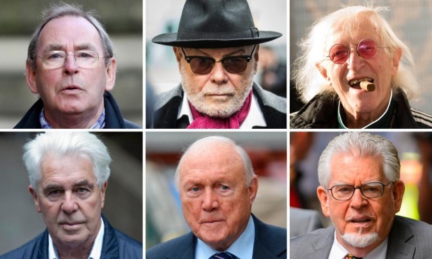 Clockwise from top left: Fred Talbot, Gary Glitter, Jimmy Savile, Rolf Harris, Stuart Hall, Max Clifford Photograph: Various/PA/Getty/Wireimage/AFP/Reuters